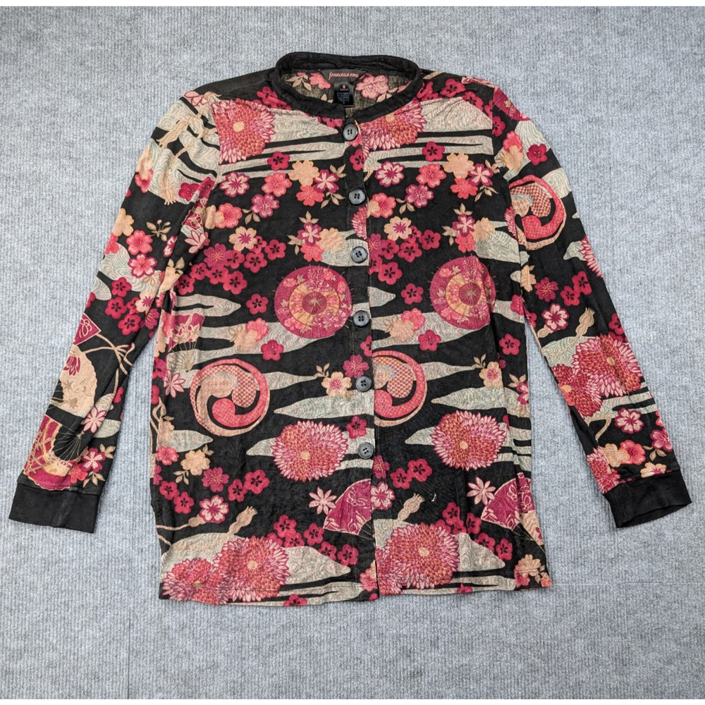 Vintage Slinky Cardigan Blouse Womens Small 90s Oriental Floral Cherry Blossom